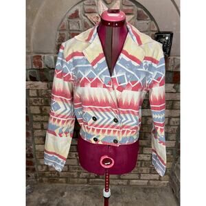 Jean Jacket Aztec print cropped Vintage 1980s red blue cream
